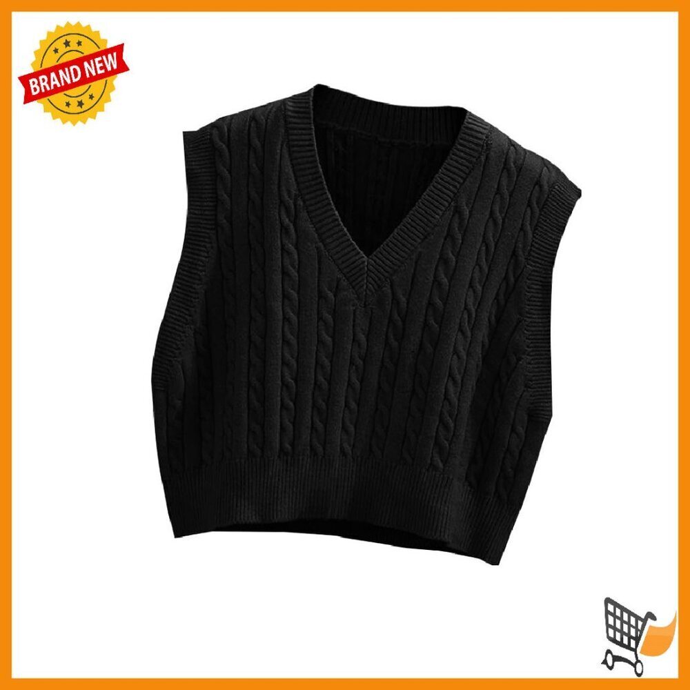 V-Neck Argyle Crop Sweater Vest, Acrylic Knit, Sleeveless Preppy Style